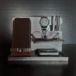 "Luxury Desk Organizer with compartments for smartphone, watch, and pens, made from stainless steel and wood"