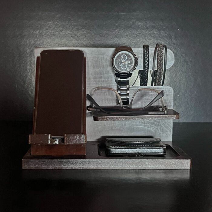 "Luxury Desk Organizer with compartments for smartphone, watch, and pens, made from stainless steel and wood"